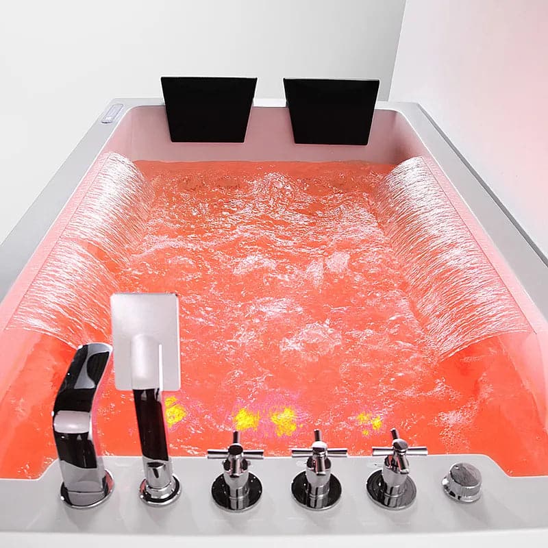 73" LED Acrylic Whirlpool Water Massage Double Waterfall 3 Sided Apron Bathtub