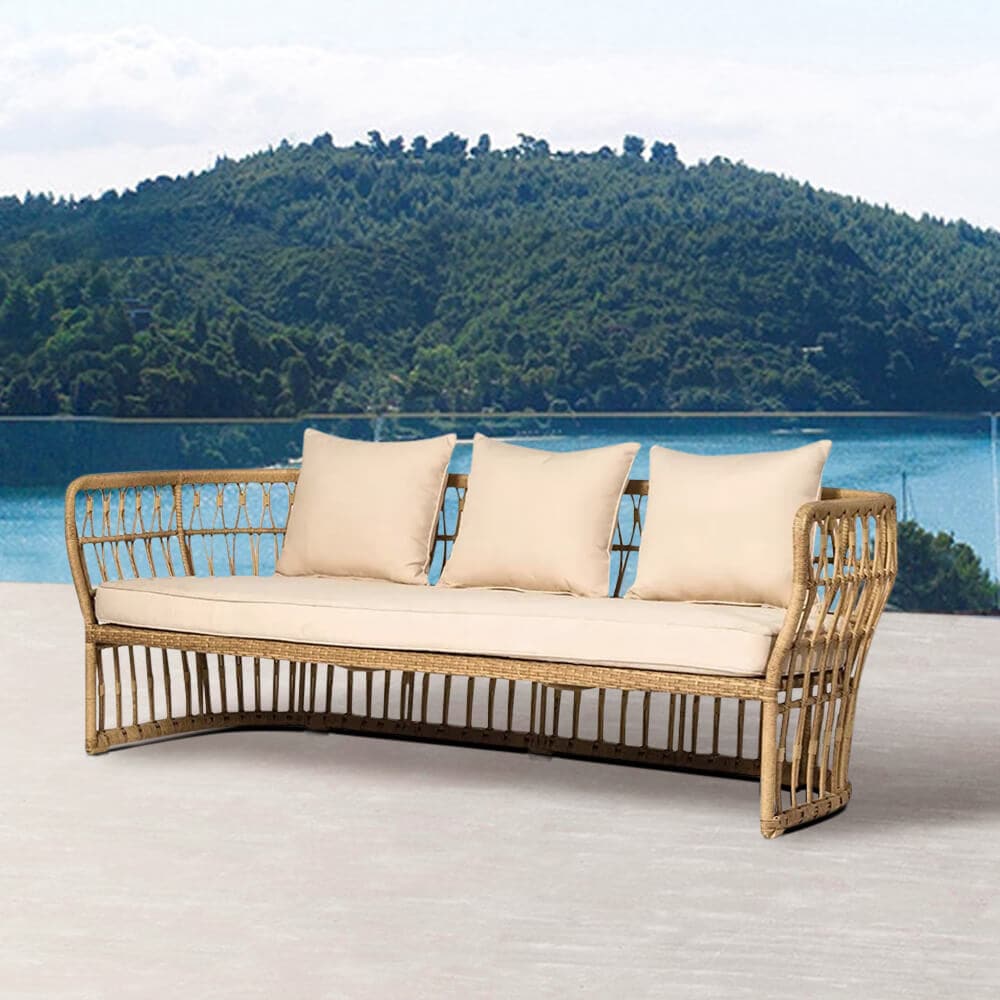 74" Natural Color Rattan Sofa Square Arm with Cushion Pillow