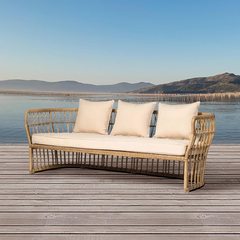 74" Natural Color Rattan Sofa Square Arm with Cushion Pillow