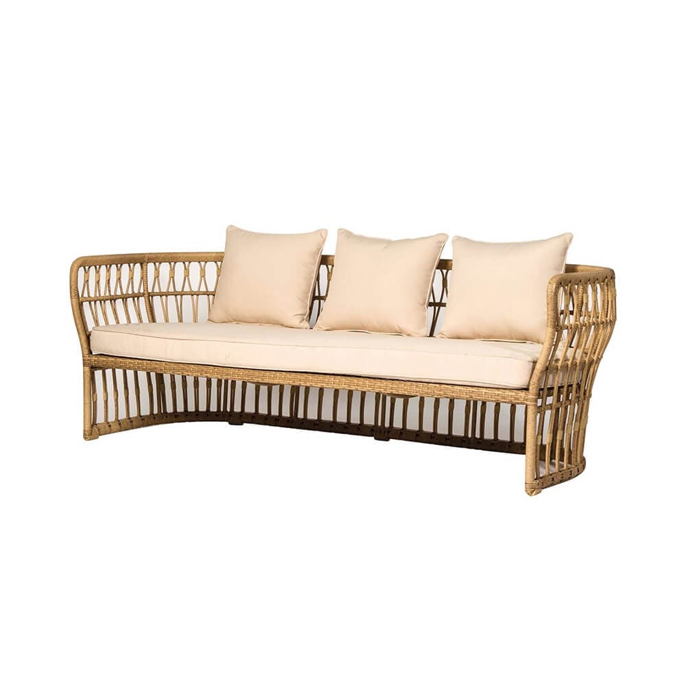 74" Natural Color Rattan Sofa Square Arm with Cushion Pillow