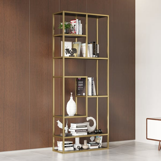 78" Modern Black & Gold Etagere Bookshelf Display 8-Shelf Tall Book Shelf Rich Storage