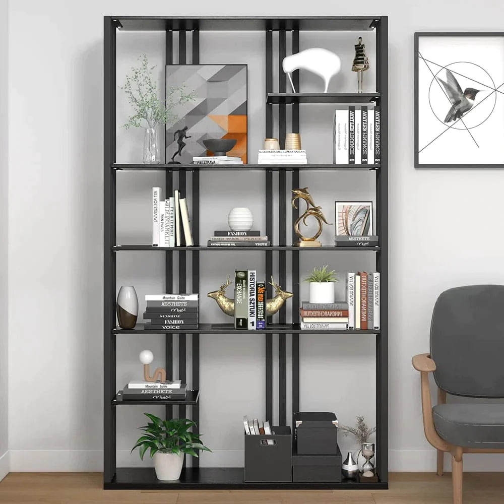 78" Modern Steel Etagere Bookshelf Display Shelving 6-Shelf in Black Tall Book Shelf