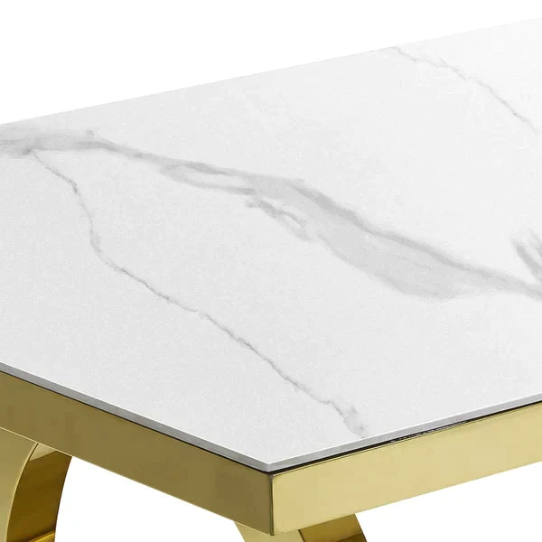 79" Contemporary Rectangle White Dining Table with Faux Marble Top&Stainless Steel Base