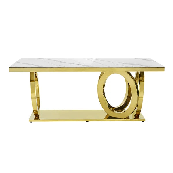 79" Contemporary Rectangle White Dining Table with Faux Marble Top&Stainless Steel Base