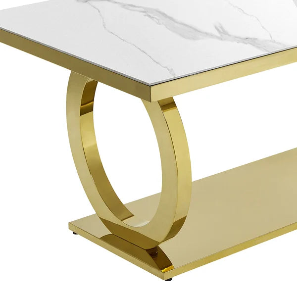 79" Contemporary Rectangle White Dining Table with Faux Marble Top&Stainless Steel Base