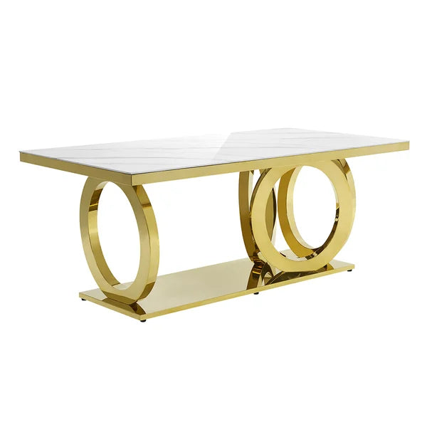 79" Contemporary Rectangle White Dining Table with Faux Marble Top&Stainless Steel Base