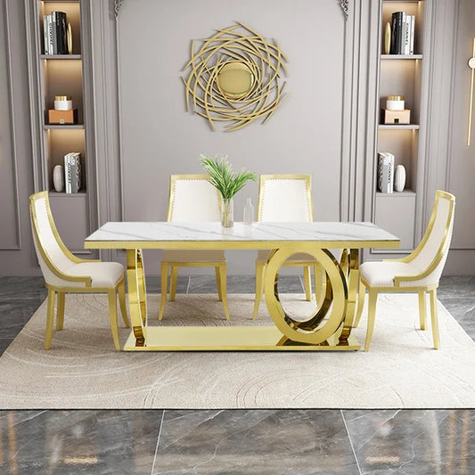 79" Contemporary Rectangle White Dining Table with Faux Marble Top&Stainless Steel Base