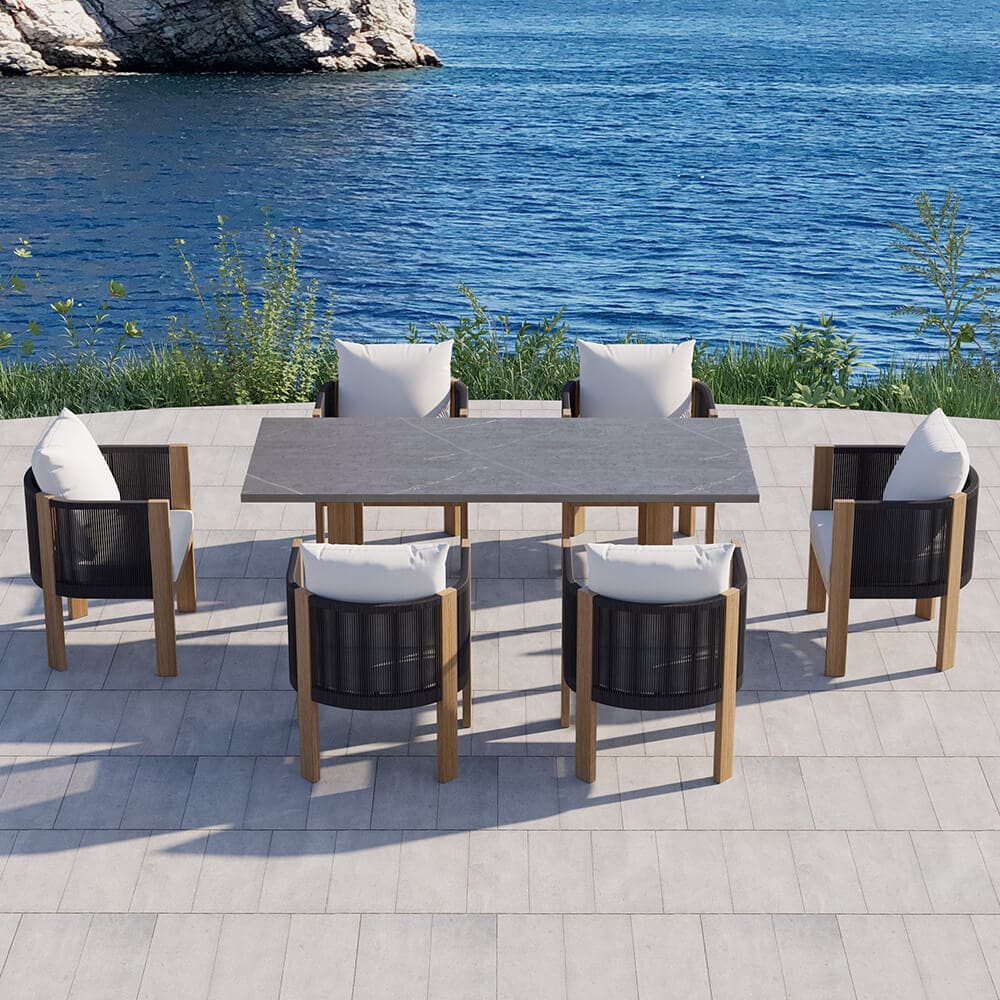 7 Pieces Modern Outdoor Dining Set with Marble Top Table and Woven Rope Chair in Gray