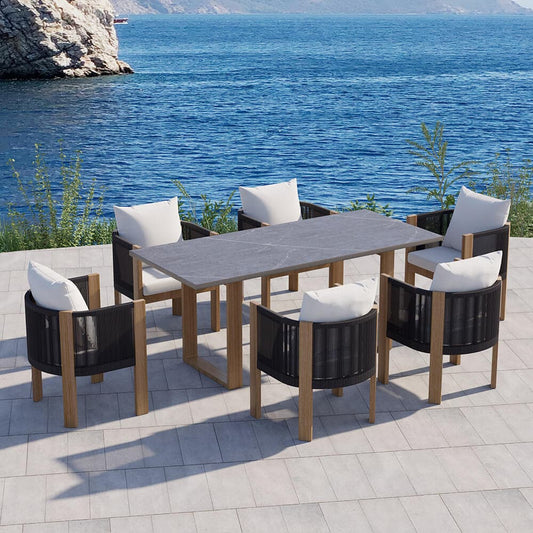 7 Pieces Modern Outdoor Dining Set with Marble Top Table and Woven Rope Chair in Gray