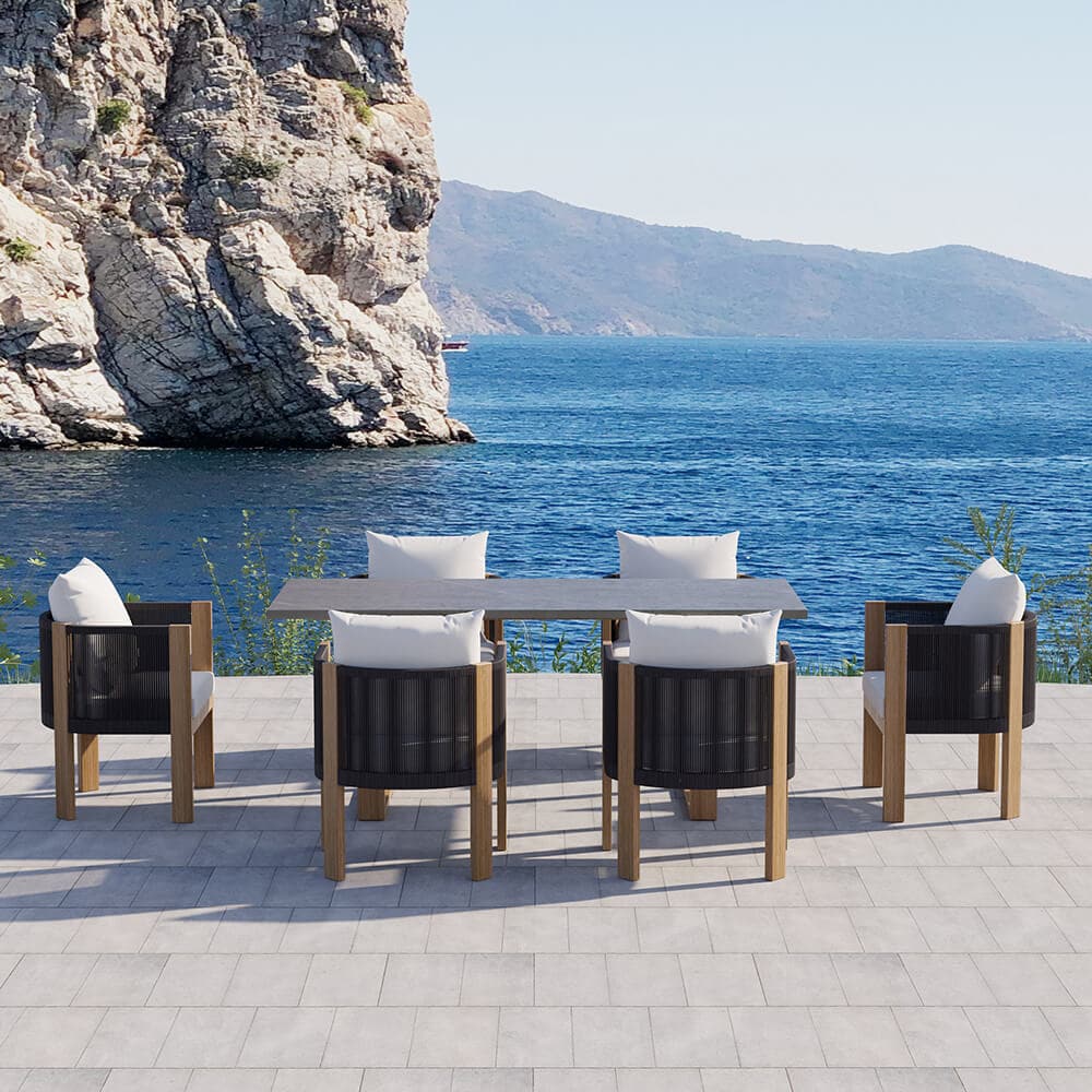 7 Pieces Modern Outdoor Dining Set with Marble Top Table and Woven Rope Chair in Gray