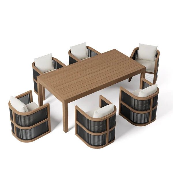 7 Pieces Outdoor Dining Set For 6 with Rectangle Table & Rope Woven Armchair in Natural