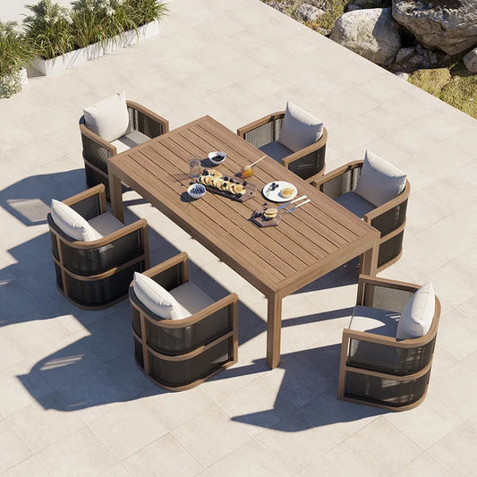 7 Pieces Outdoor Dining Set For 6 with Rectangle Table & Rope Woven Armchair in Natural