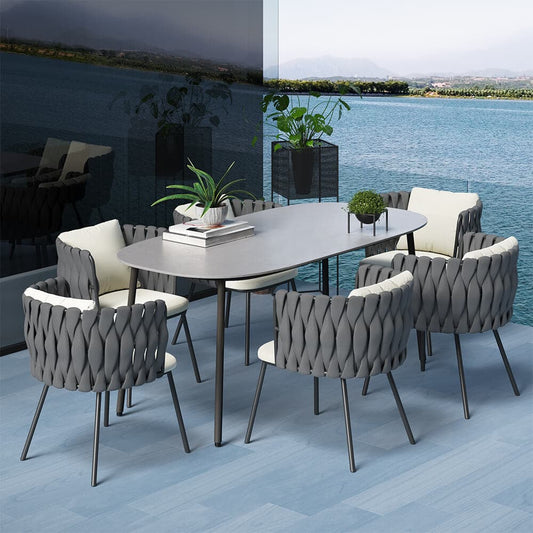 7 Pieces Outdoor Dining Set with Faux Marble Top & Aluminum Table and Rope Woven Chair