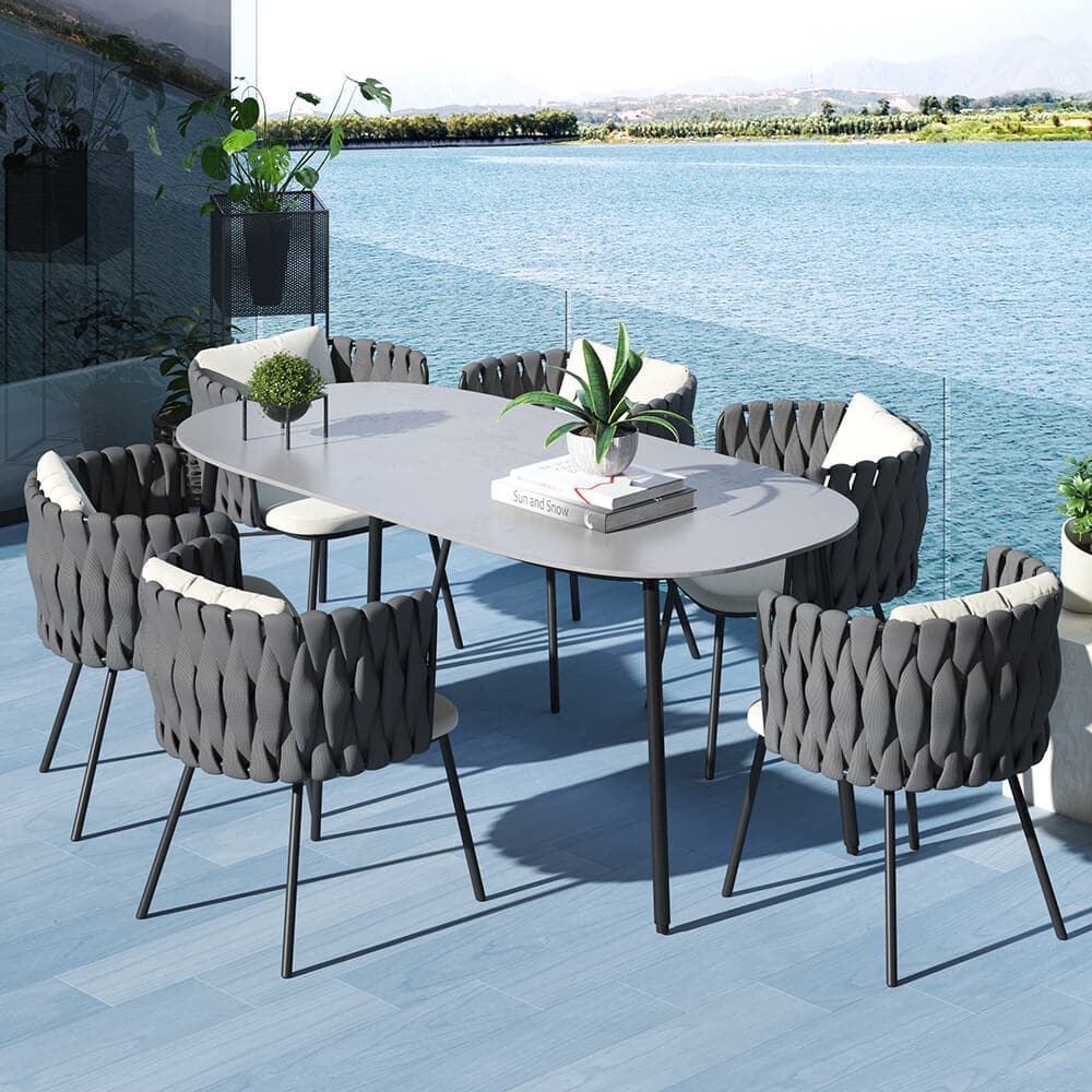 7 Pieces Outdoor Dining Set with Faux Marble Top & Aluminum Table and Rope Woven Chair