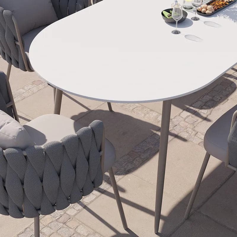 7 Pieces Outdoor Dining Set with Oval Faux Marble Top Table and Rope Woven Armchair