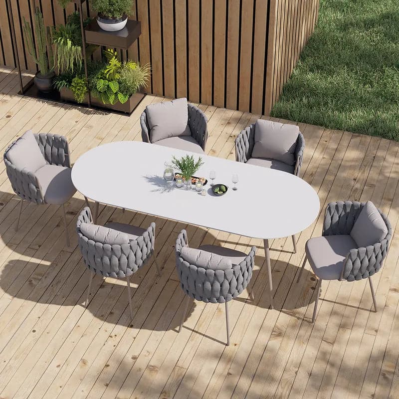 7 Pieces Outdoor Dining Set with Oval Faux Marble Top Table and Rope Woven Armchair