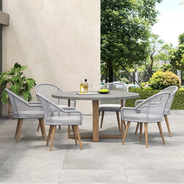 7 Pieces Teak Round Outdoor Concrete Dining Set with Gray Table Woven Armchair 6-Person