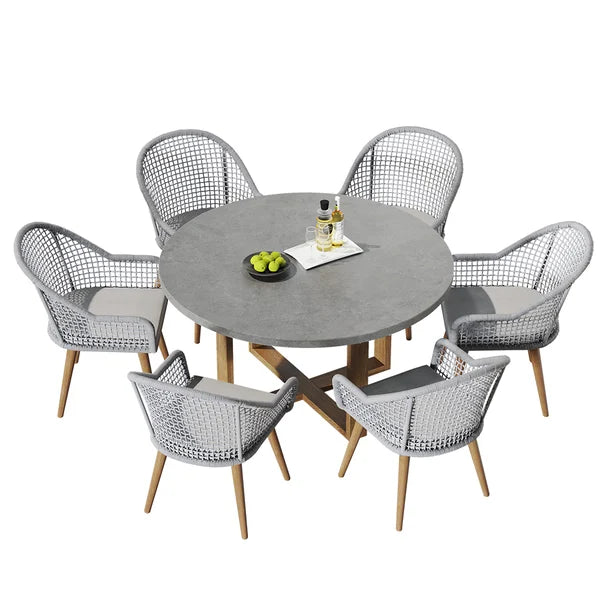 7 Pieces Teak Round Outdoor Concrete Dining Set with Gray Table Woven Armchair 6-Person