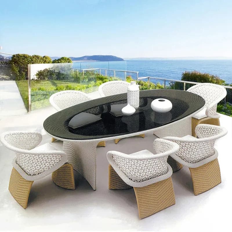 7 Pieces Traditional Aluminum Outdoor Dining Set with Oval Glass Table Rattan Armchair