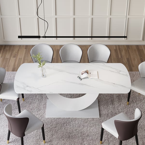 71" White Faux Marble Dining Table for 8 Crescent Base Sintered Stone