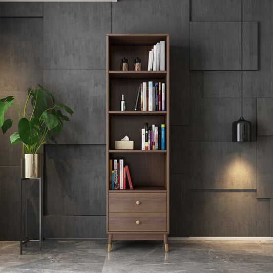 Modern & Minimalist Book Shelf with 3 Shelves & 2 Drawers in Walnut