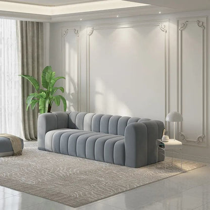 86.6" Modern Gray Velvet 3-Seater Sofa Channel Tufted Upholstered Luxury Solid Wood