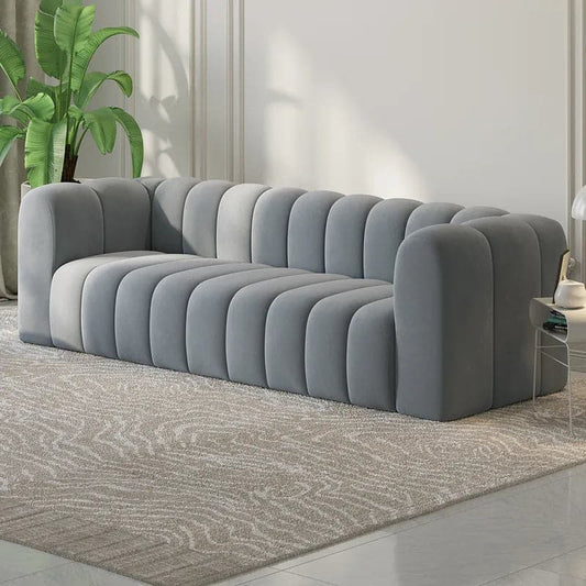 86.6" Modern Gray Velvet 3-Seater Sofa Channel Tufted Upholstered Luxury Solid Wood