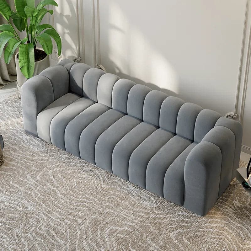 86.6" Modern Gray Velvet 3-Seater Sofa Channel Tufted Upholstered Luxury Solid Wood