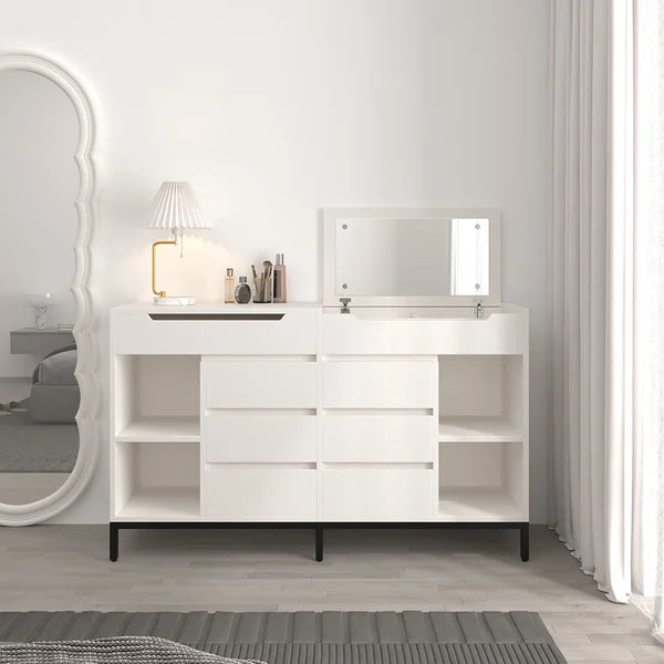 8 Drawer 59" Modern White Double Dresser Wide Cabinet with Flip-Top Mirror & Shelves