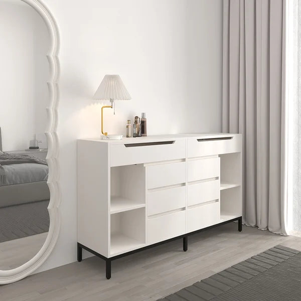 8 Drawer 59" Modern White Double Dresser Wide Cabinet with Flip-Top Mirror & Shelves