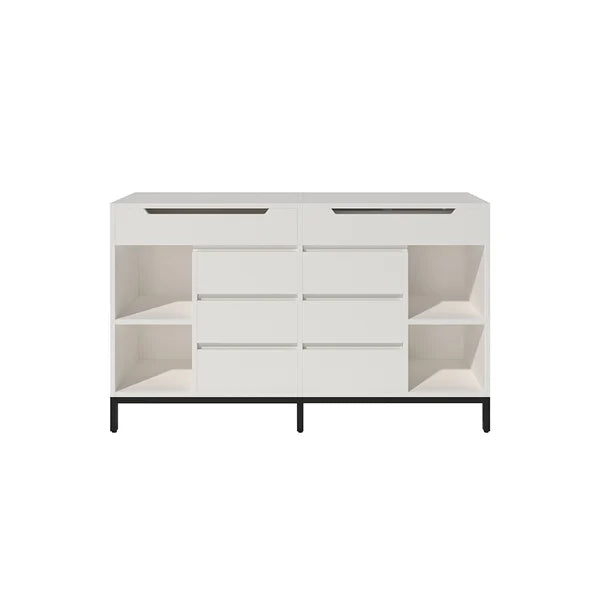 8 Drawer 59" Modern White Double Dresser Wide Cabinet with Flip-Top Mirror & Shelves