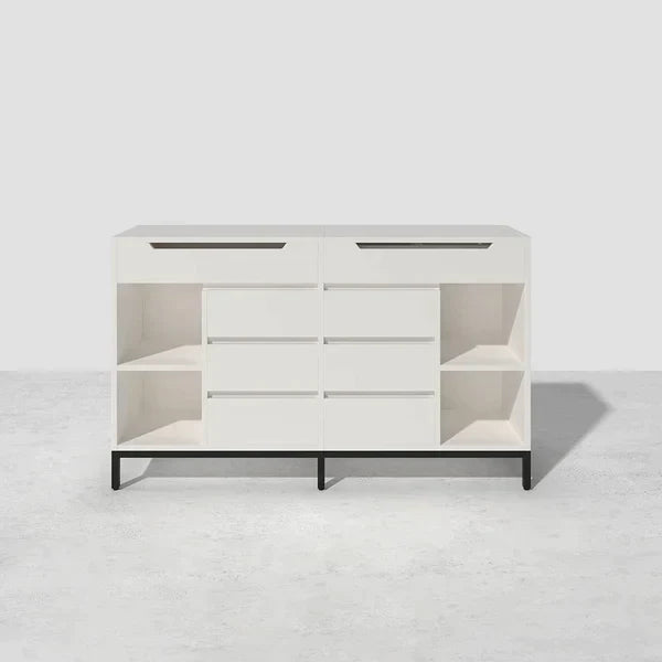 8 Drawer 59" Modern White Double Dresser Wide Cabinet with Flip-Top Mirror & Shelves