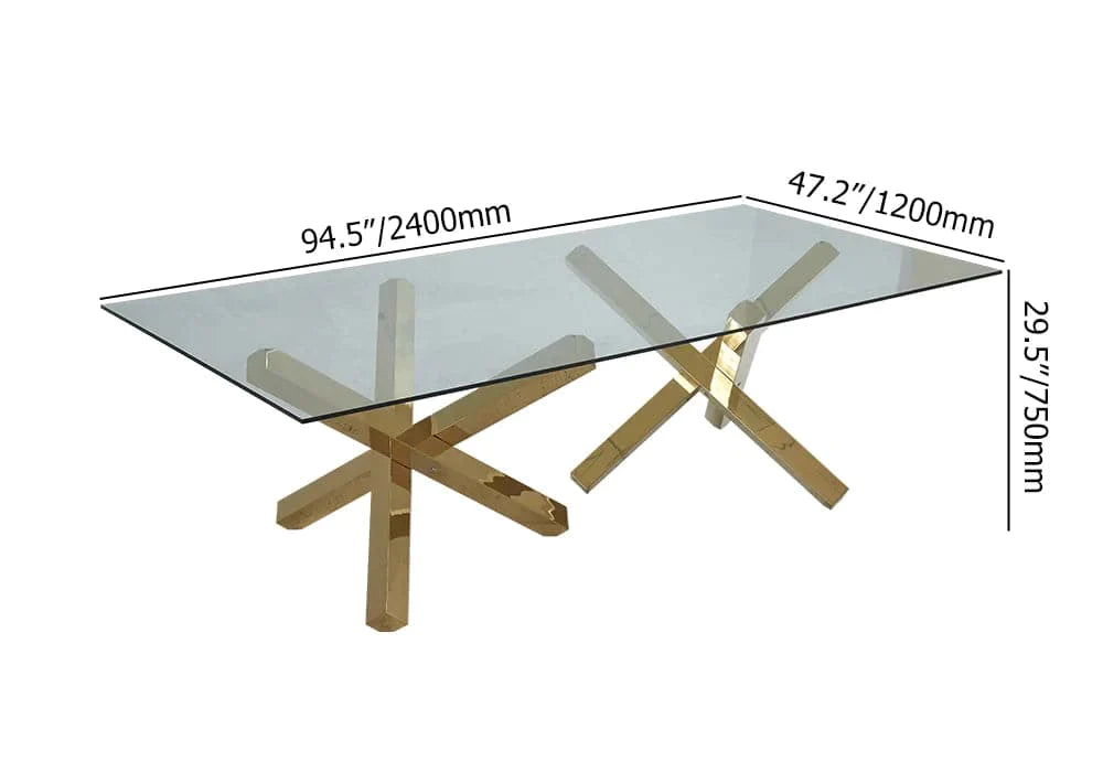 95" Modern Glass Dining Table with Double Pedestal in Gold