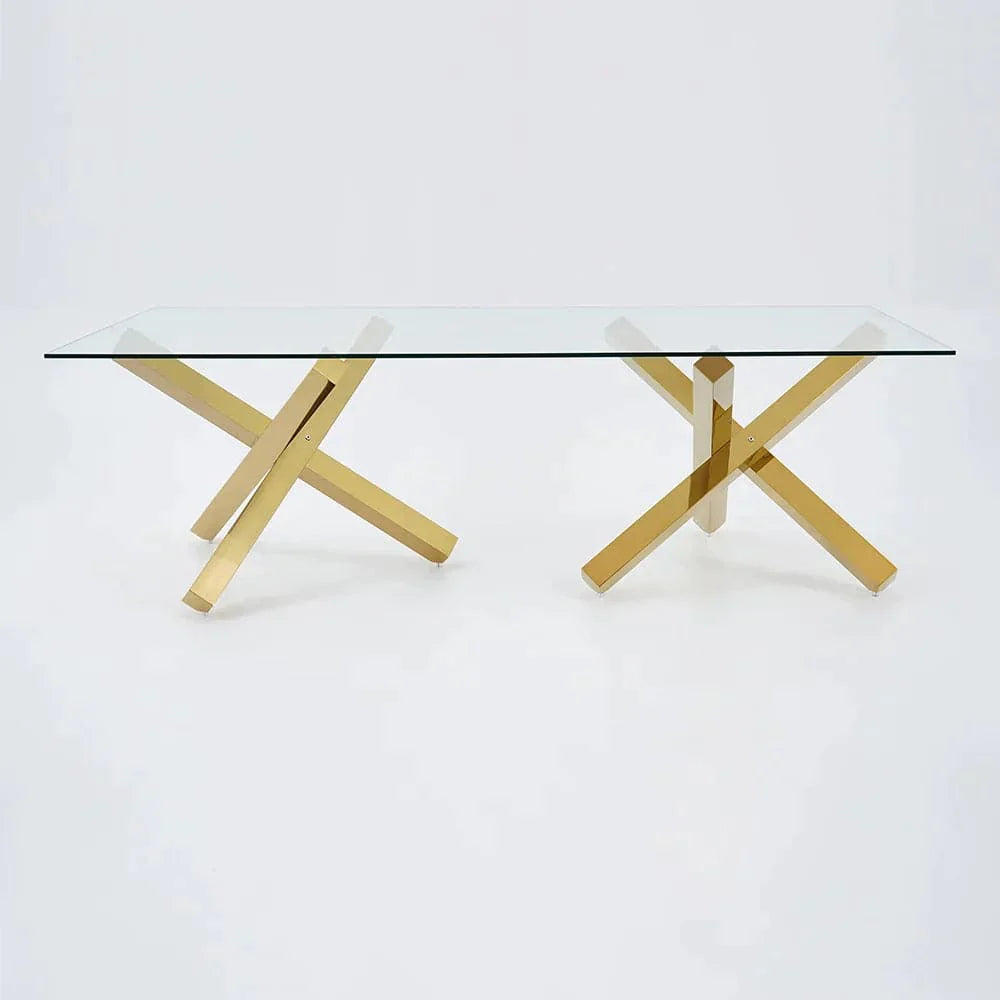 95" Modern Glass Dining Table with Double Pedestal in Gold