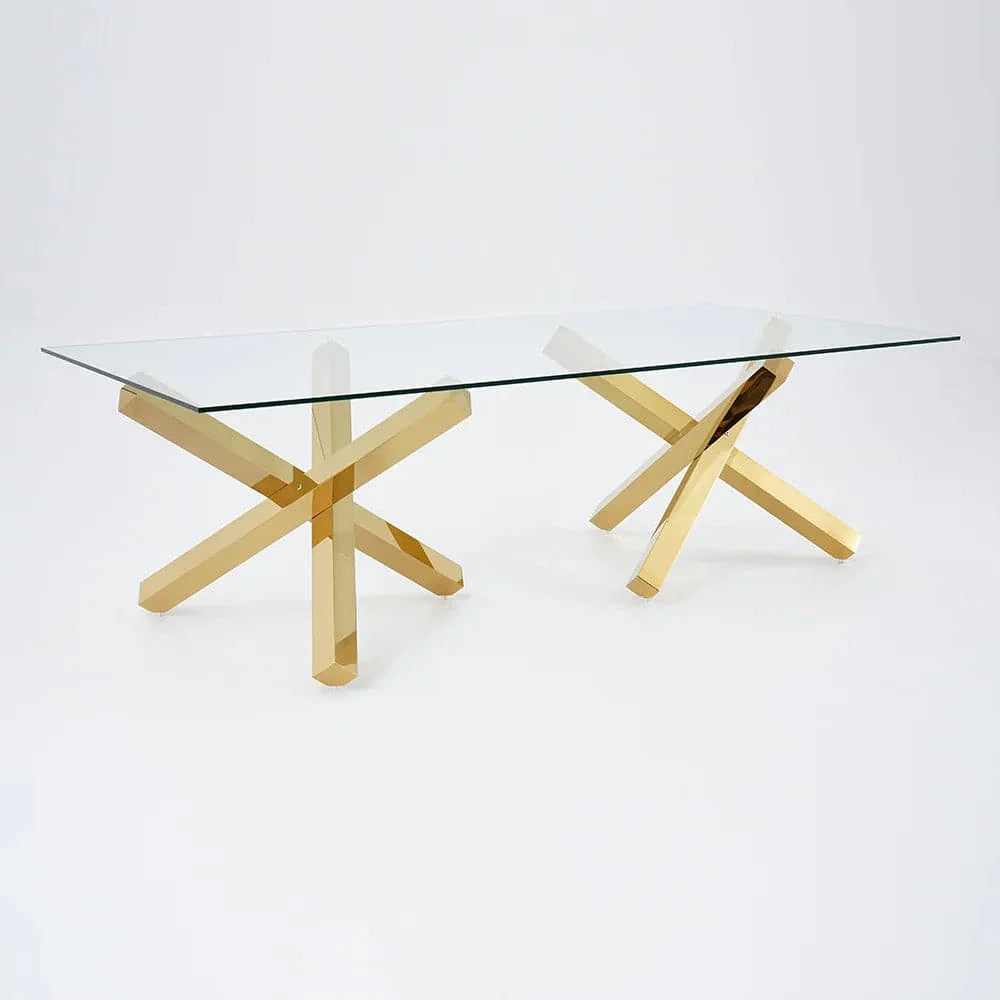 95" Modern Glass Dining Table with Double Pedestal in Gold