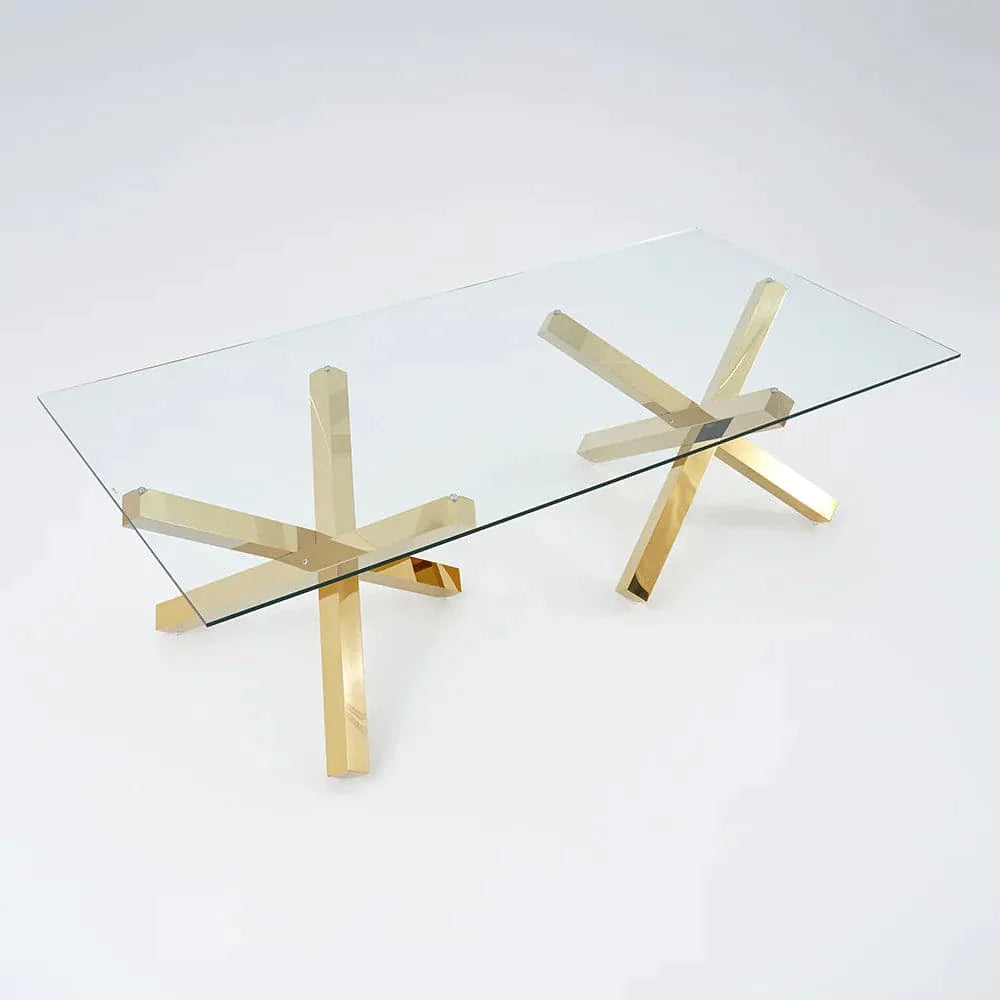 95" Modern Glass Dining Table with Double Pedestal in Gold