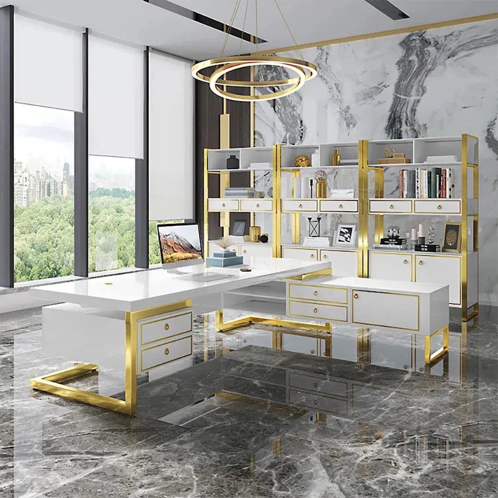 L-Shaped Modern Office Executive Desk of Right Hand with Storage in White & Gold