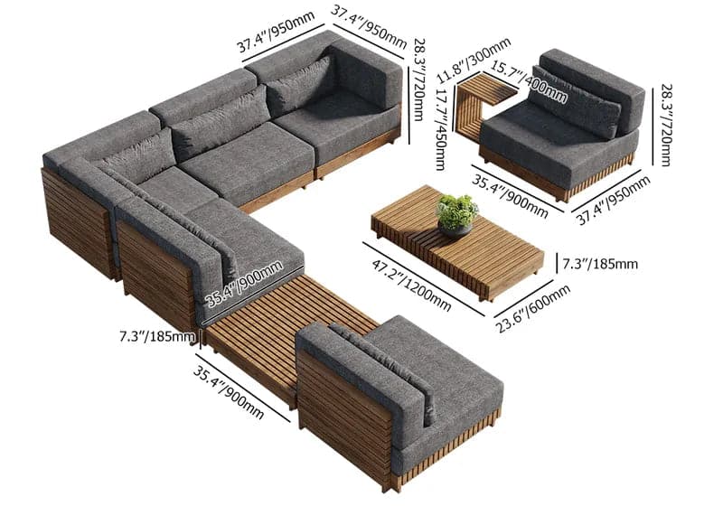 9 Pieces Teak Modular Outdoor Patio Sectional Sofa Set with Coffee Table and Cushion