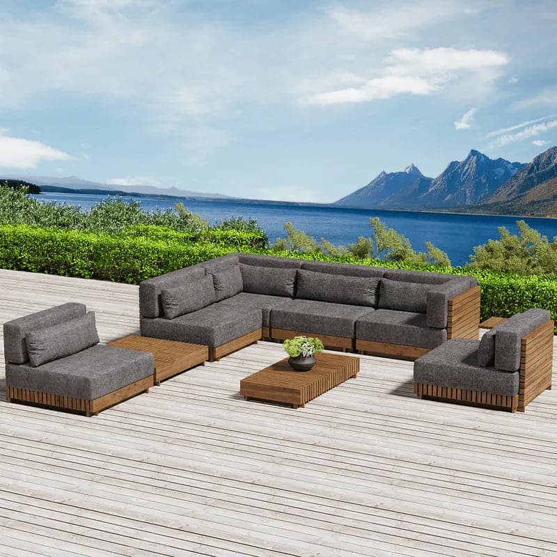 9 Pieces Teak Modular Outdoor Patio Sectional Sofa Set with Coffee Table and Cushion