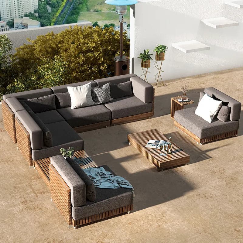 9 Pieces Teak Modular Outdoor Patio Sectional Sofa Set with Coffee Table and Cushion