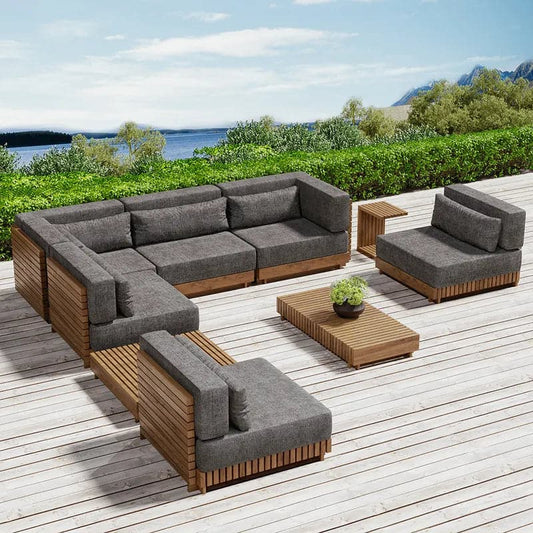 9 Pieces Teak Modular Outdoor Patio Sectional Sofa Set with Coffee Table and Cushion