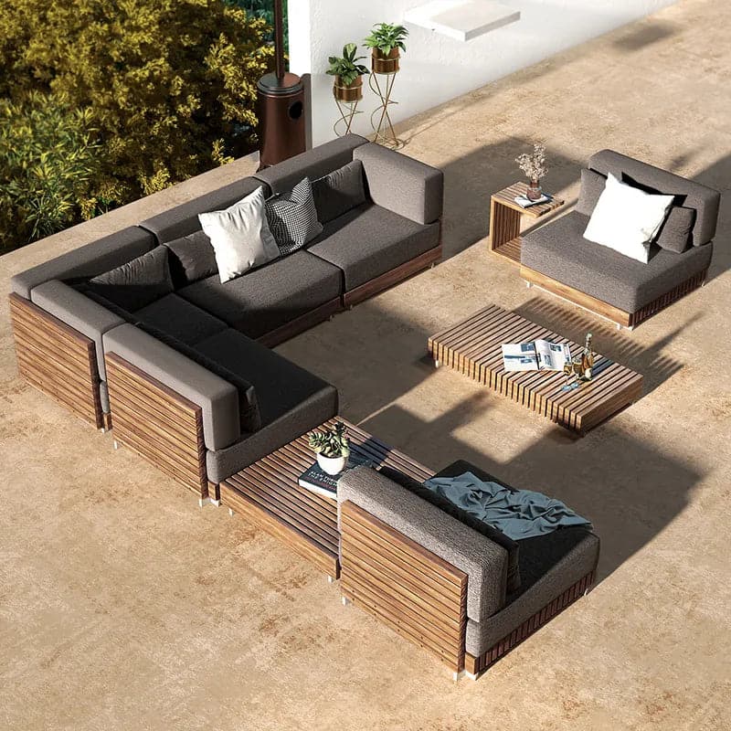 9 Pieces Teak Modular Outdoor Patio Sectional Sofa Set with Coffee Table and Cushion