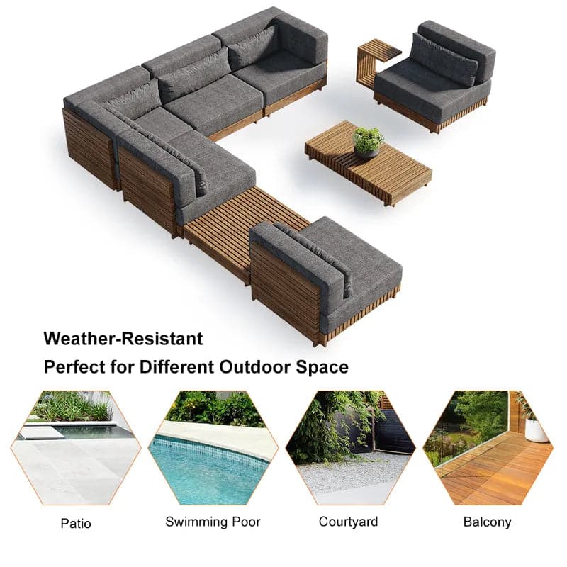 9 Pieces Teak Modular Outdoor Patio Sectional Sofa Set with Coffee Table and Cushion