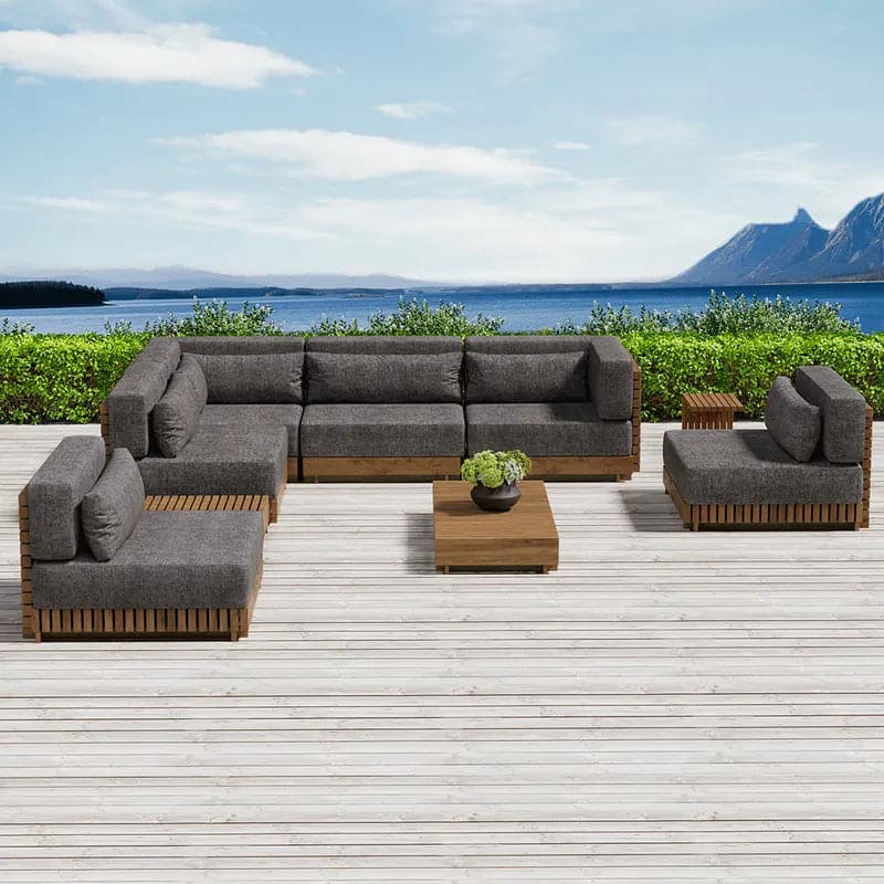 9 Pieces Teak Modular Outdoor Patio Sectional Sofa Set with Coffee Table and Cushion