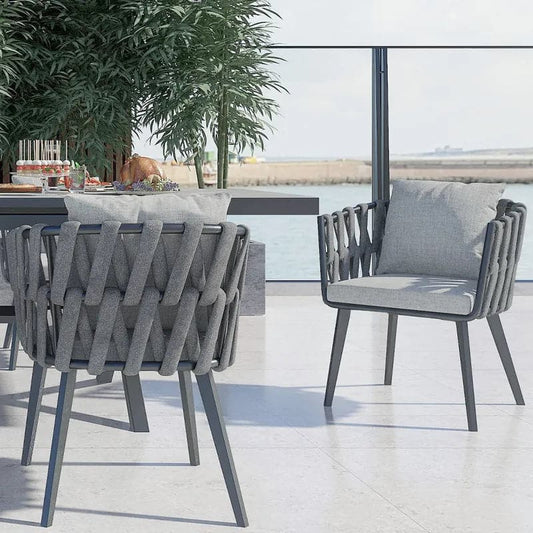 Aluminum & Rattan Outdoor Patio Dining Chair Armchair with Cushion in Gray (Set of 2)