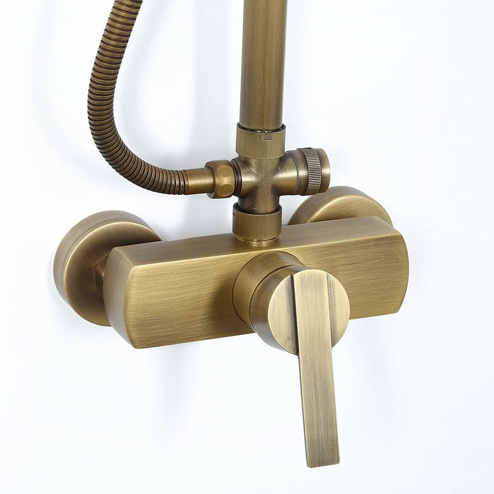 Antique Brass Exposed Wall Mount Shower System with 8" Rain Shower Head and Hand Shower