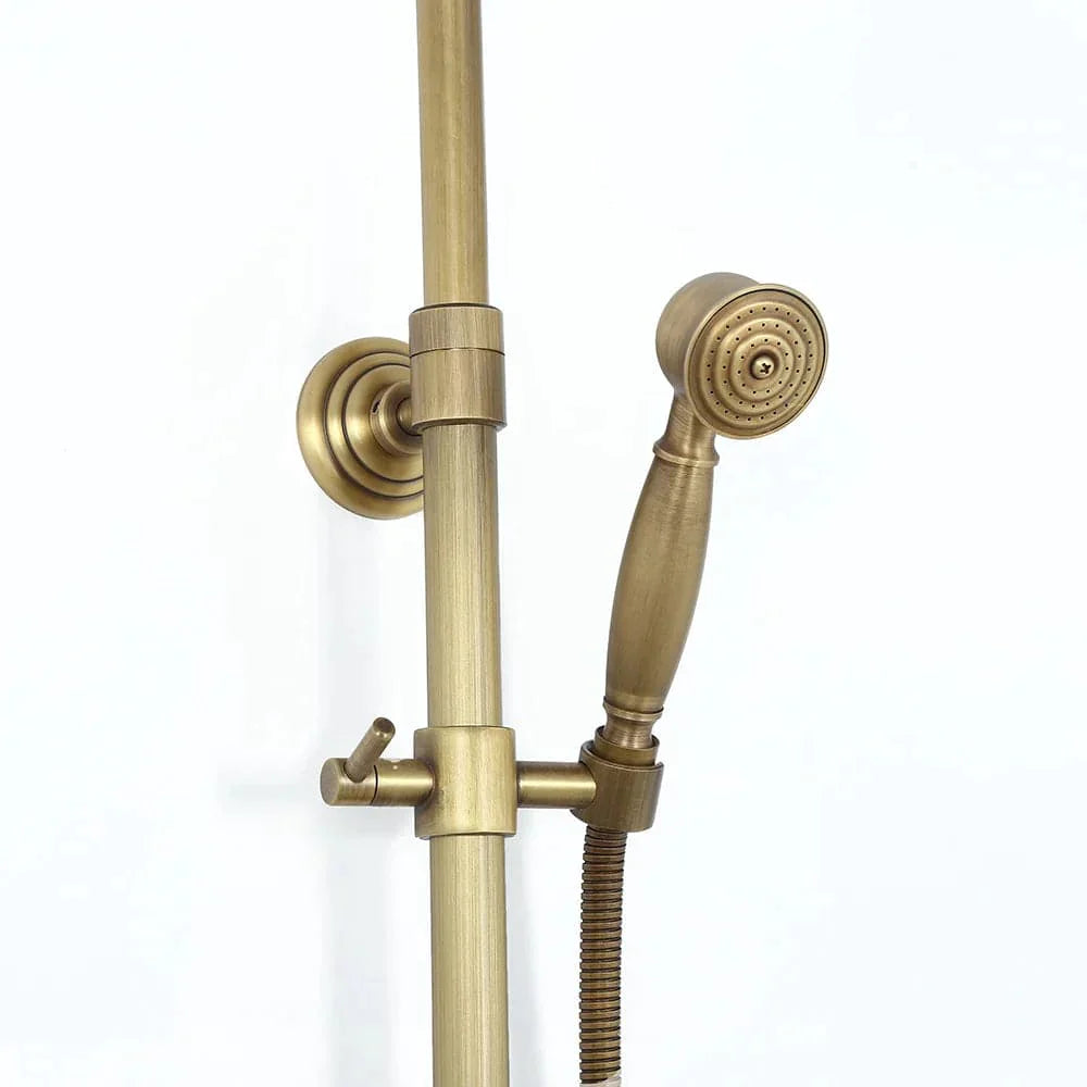 Antique Brass Exposed Wall Mount Shower System with 8" Rain Shower Head and Hand Shower