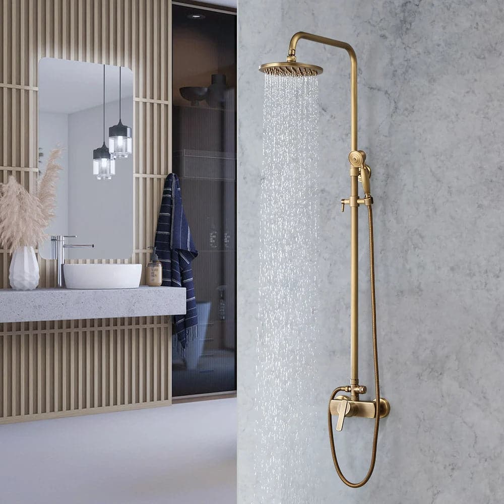 Antique Brass Exposed Wall Mount Shower System with 8" Rain Shower Head and Hand Shower