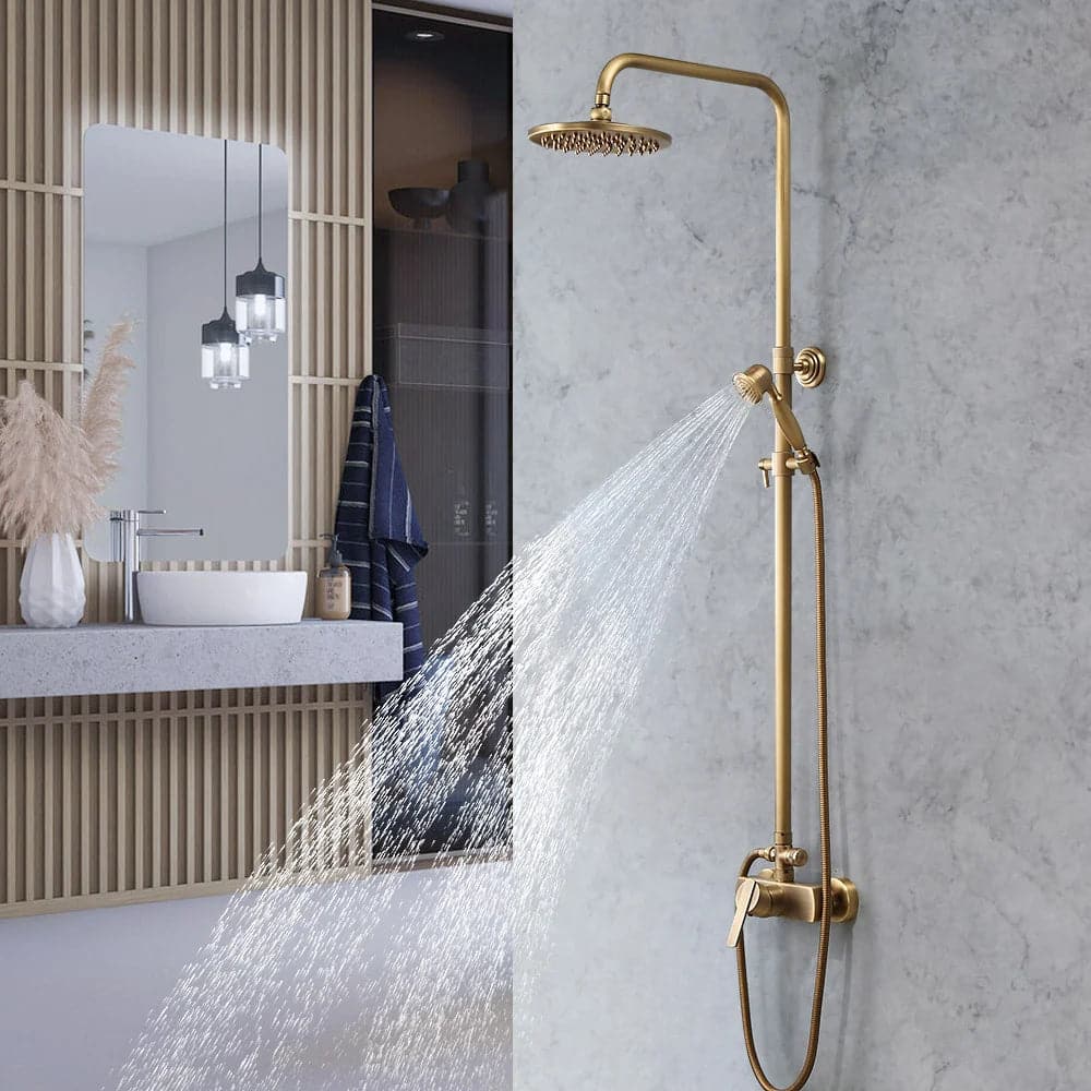 Antique Brass Exposed Wall Mount Shower System with 8" Rain Shower Head and Hand Shower