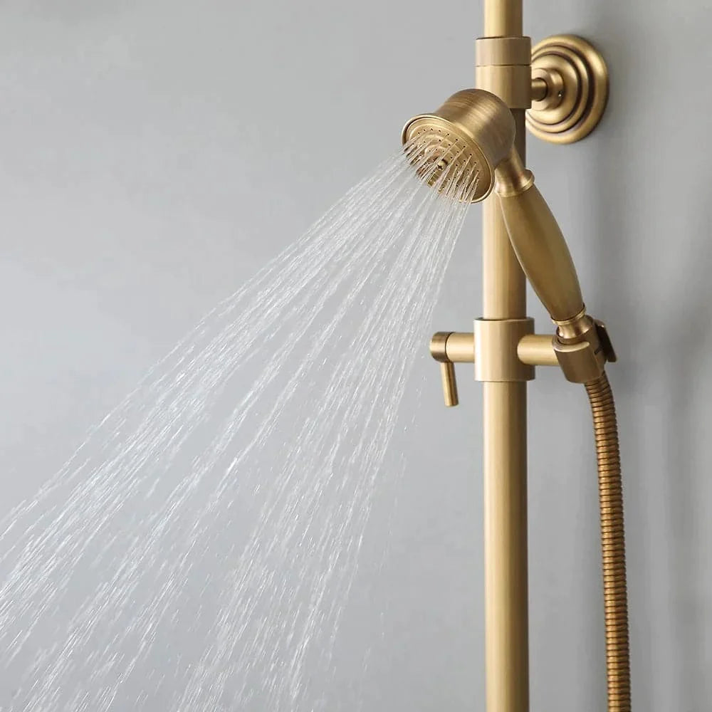 Antique Brass Exposed Wall Mount Shower System with 8" Rain Shower Head and Hand Shower